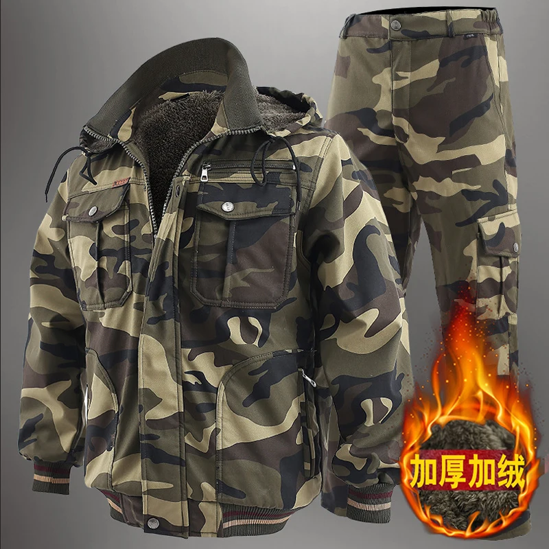 Plush Tactical Men's Sets Thickened Wear-resistant Lapel Work Clothes Outdoor Warmth Cold Resistance Windproof 100% Cotton Suits