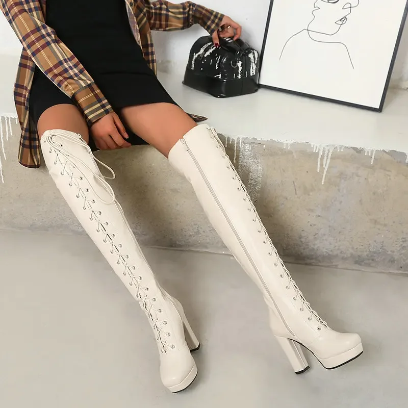 2024 Winter Women Thigh Knight Boots Flats Heel Lace Up Ladies Knee-High Boots Female Casual Long Boot