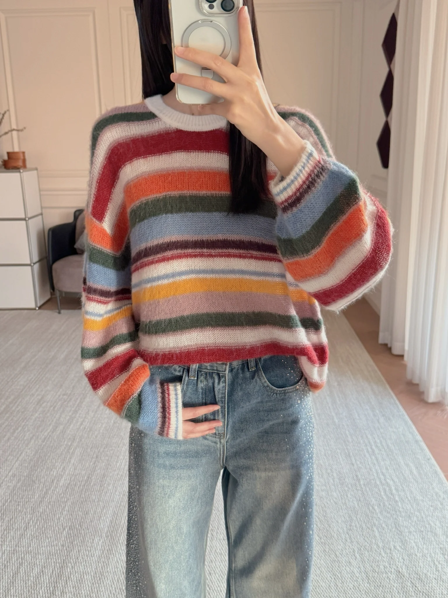 

Свободный вязаный пуловер из смесовой шерсти с радужными полосами и цветовыми блоками, женский, с длинными рукавами, круглым вырезом, повседневный, весна 2025