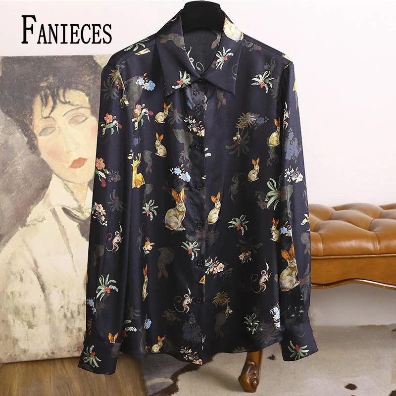 FANIECES blusas mujer Black Rabbit Print Blouse Shirts Women Long Sleeve Summer Autumn Lapel Button Casual Top Lady Shirts 6845