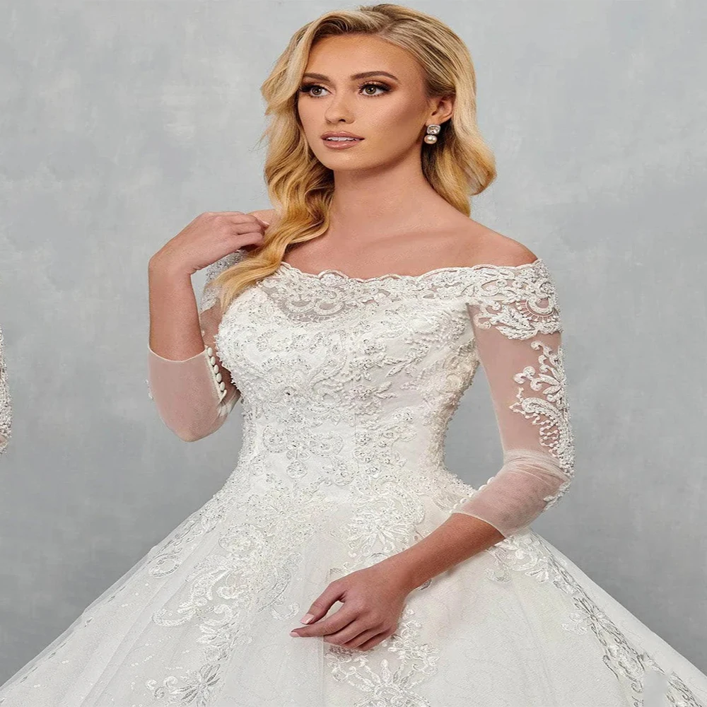 DRESS FORU Elegant Classic Wedding Dress Tulle for Floor-Length Scoop Prom Dress Embroidery Lace up Robes De Soirée Customized