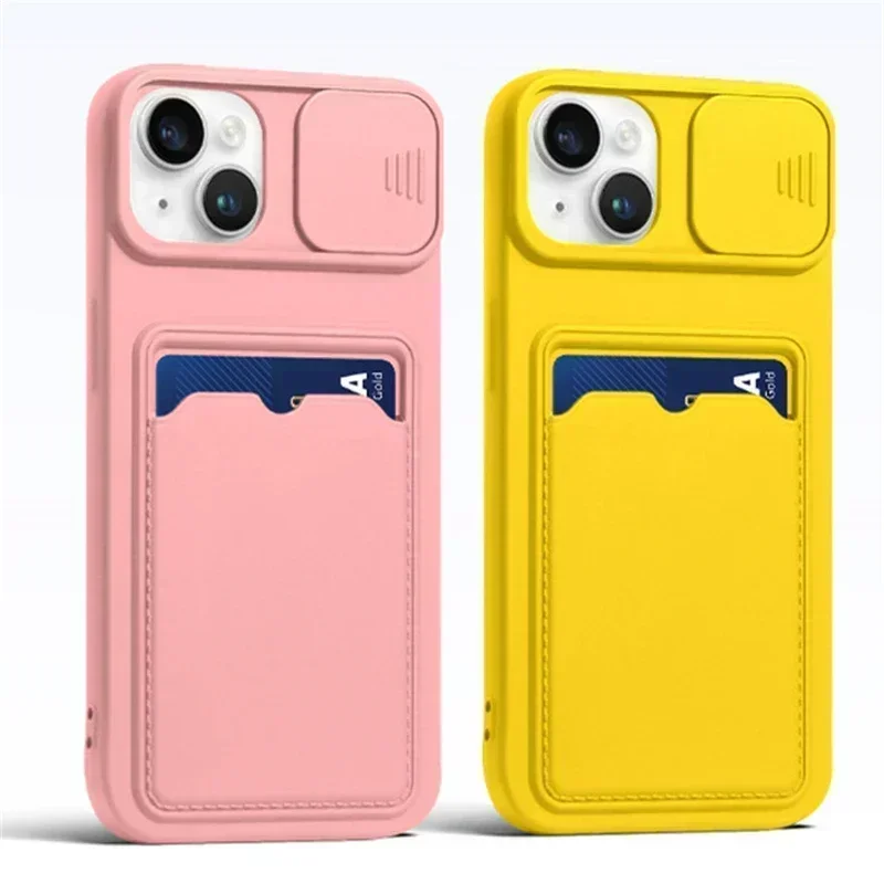 Slide câmera proteção titular do cartão carteira caso de telefone para iphone 16 15 14 13 pro max 12 11 xr xs max 8 plus capa de silicone macio