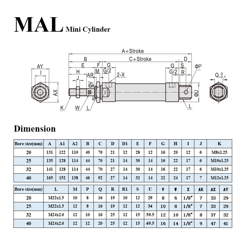 Pneumatic Mini Cylinder MAL 16/20/25/32mm Bore 25/50/75/100/200/300/400/500mm Stroke Single Lever Pneumatic Air Cylinder