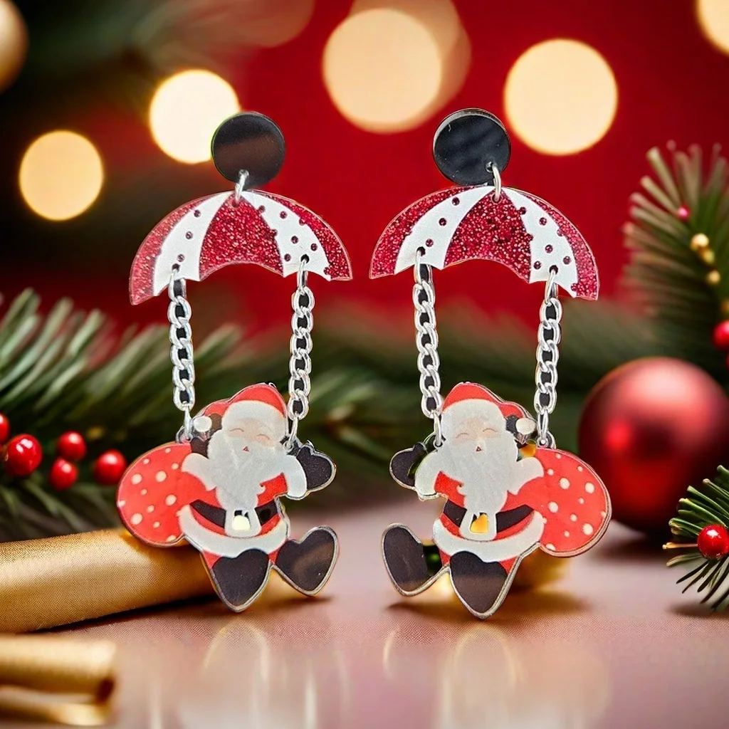 Cute Santa Claus Christmas Drop Earrings Funny Parachute Father Christmas Acrylic Earrings Ladies Earrings Party Earrings