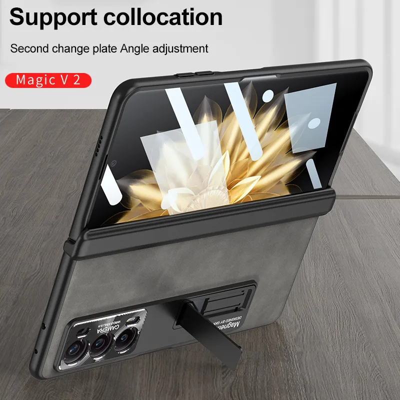 Magnetic Hinge Protection Frosted Leather Phone Case For Honor Magic V2 With Kickstand Glass Film Screen Protector