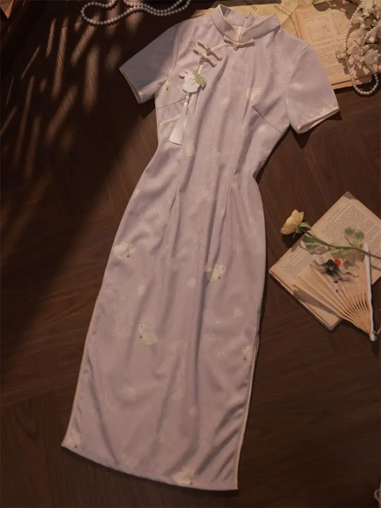 Cheongsam roxo jovem estilo chinês 2023 Vintage elegante Mid Long Qipao tradicional vestido chinês