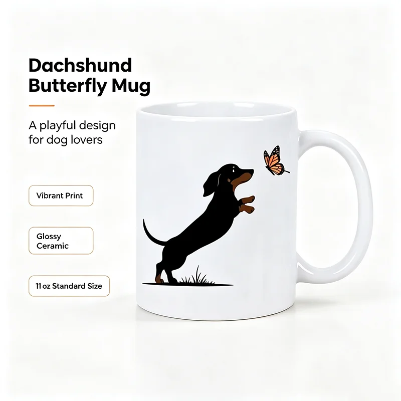 Cute Dachshund & Butterfly Ceramic Coffee Mug - White with Black Silhouette Design, Hand Wash Only, Reusable Gift for Dog Lovers