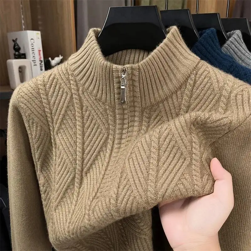 

2025 New Thickened Men's Woolen With Half-High Collar And Zipper Coarse Needle Fashion Casual Sweater