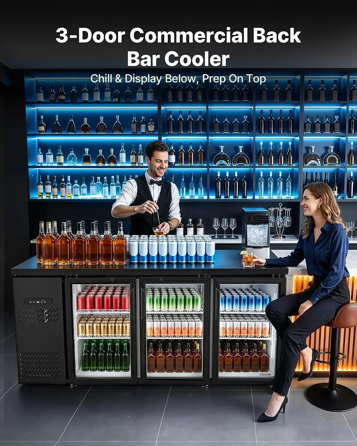 Back Bar Cooler, 19.6 Cu. Ft Counter Height Beverage Refrigerator, Commercial Bar Display Fridge w/ 3 Glass Doors, LED Lighting,