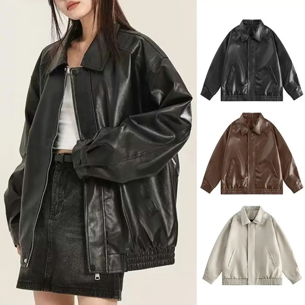 Solid Color Women Coat Vintage American Style Women\'s Faux Leather Jacket Loose Fit Zipper Pocket Long Sleeves Oversized Ladies