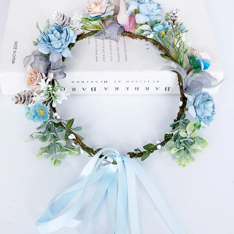 Boho Beach Holiday Wreath Headband Artificial Blue Flower Crown Halo Garland Fake Eucalyptus Leaves Wedding Headpiece