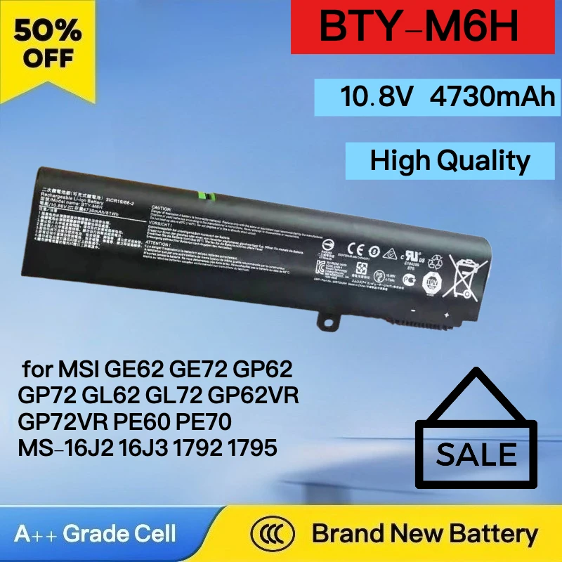

New 10.8V 4730mAh BTY-M6H Laptop Battery for MSI GE62 GE72 GP62 GP72 GL62 GL72 GP62VR GP72VR PE60 PE70 MS-16J2 16J3 1792 1795