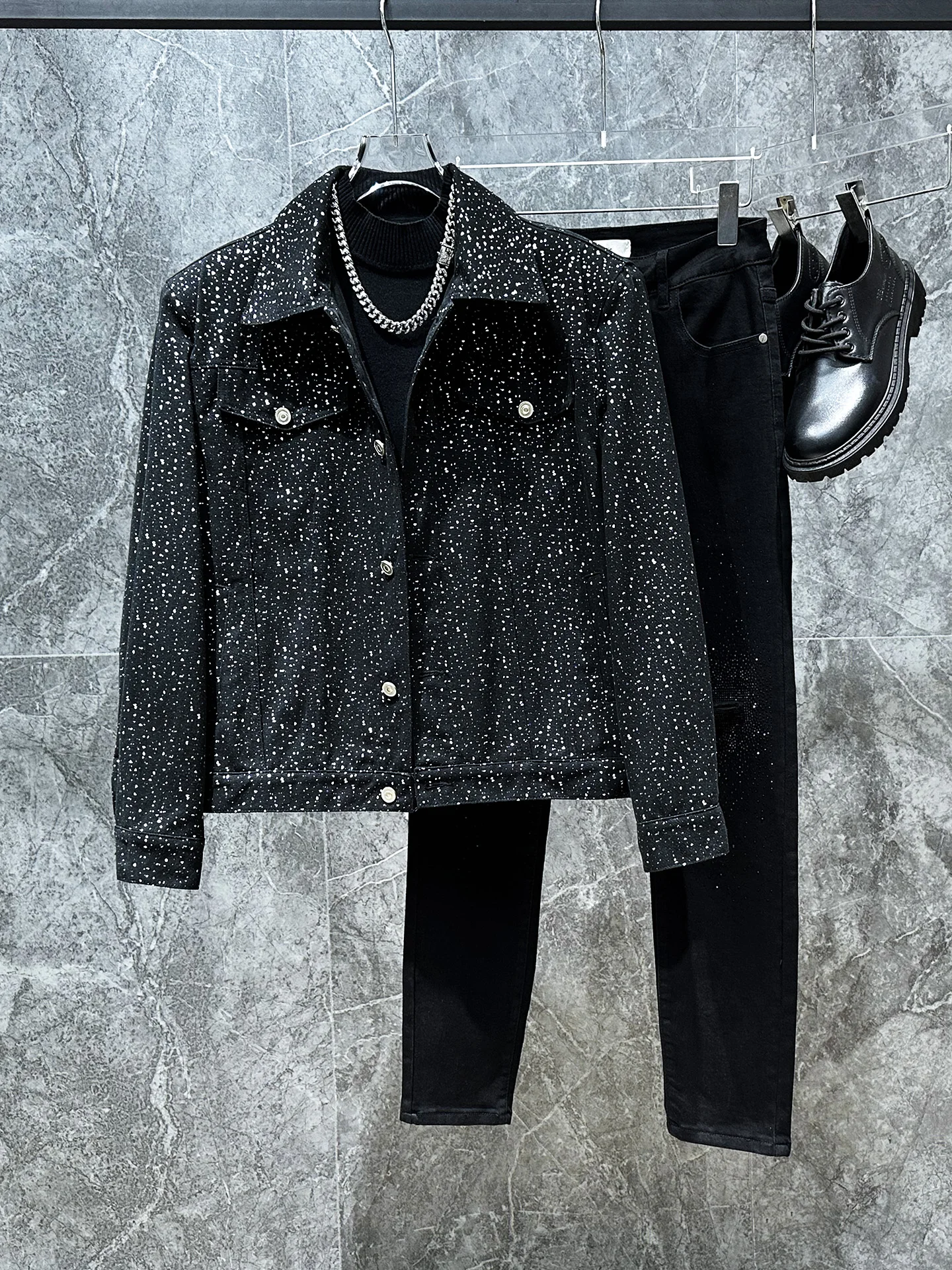 

Trendy Men's Denim Jaet Star Pattern Gold Heat Transfer Versatile Spring Autumn Loose Fit Youthful Sle Long Sve Jaet
