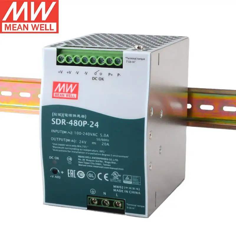 MEAN WELL Única Saída Industrial DIN RAIL, PFC e Fonte de Alimentação de Comutação Paralela, Novo, Original, SDR-480P-24, 24V, 20A