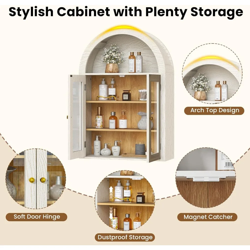 خزانة حمام مقوسة مثبتة على الحائط مع أبواب زجاجية وأرفف قابلة للتعديل للتخزين فوق الحوض