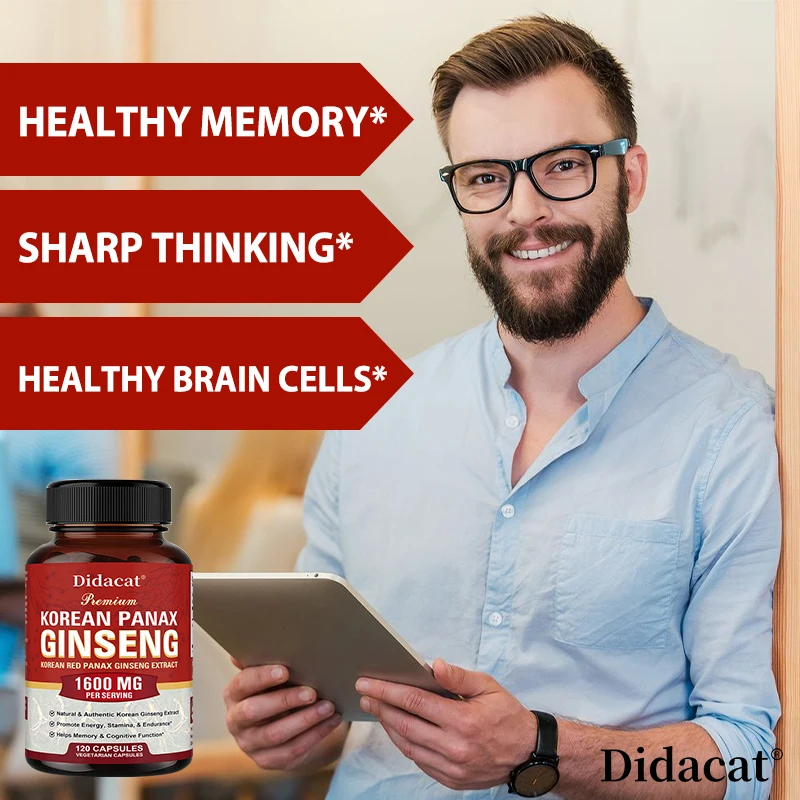 الجينسنغ الأحمر الكوري 1600 ملغ - مكمل الجينسنغ عالي الفعالية - الطاقة، دعم المناعة، التركيز للنساء والرجال، غير معدلة وراثيًا