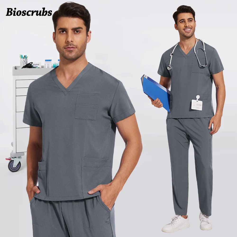 Uniformes d'infirmière unisexes, gris et noir, haut à col en v, pantalon droit, ensemble de gommage, salopette médicale et chirurgicale, vêtements de travail pour dentiste, combinaison de travail pour médecin