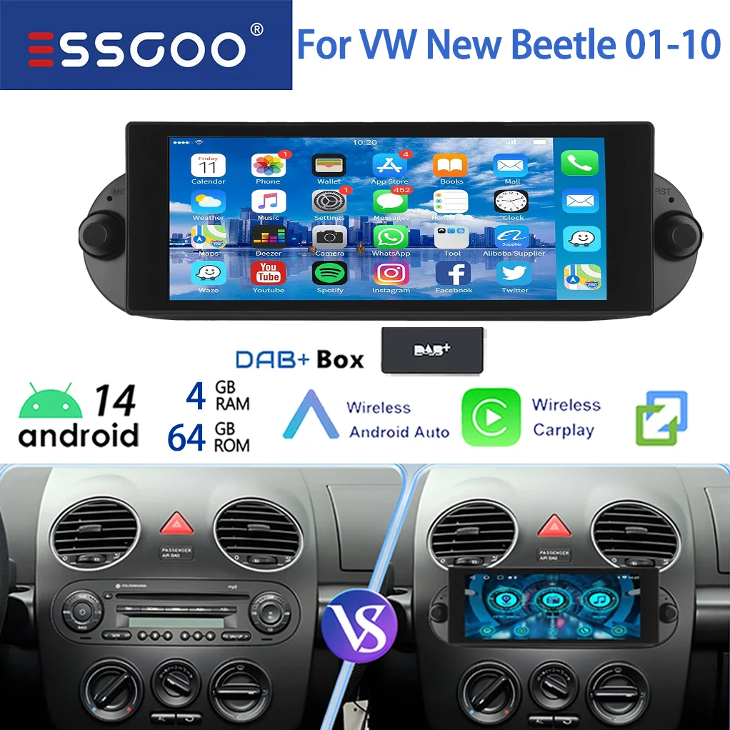 ESSGOO 64G 7 "Android 14 Autoradio Voor VW Kever 01-10 Draadloze Carplay GPS Navi FM WiFi BT RDS SWC Spiegel Link IPS Touchscreen - afbeelding 1