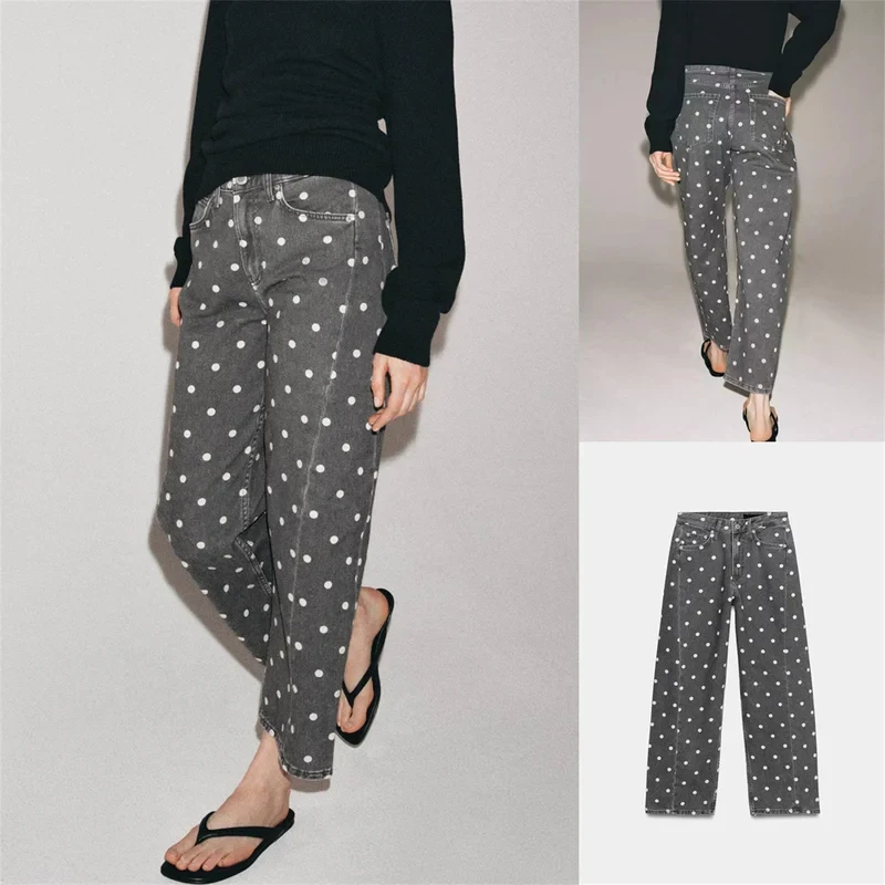 

Spring Summer New Polka Dot Casual Pants Loose Feel mid Waist Loose Nine Points Denim Jeans American Style Natural Waist Butt...