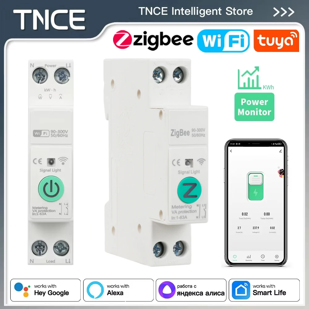 TNCE Tuya MCB Circuit Breaker WIFI or Zigbee, 1-63A Smart Over Current Under Voltage Protection Power Meter, Voice Google Alexa