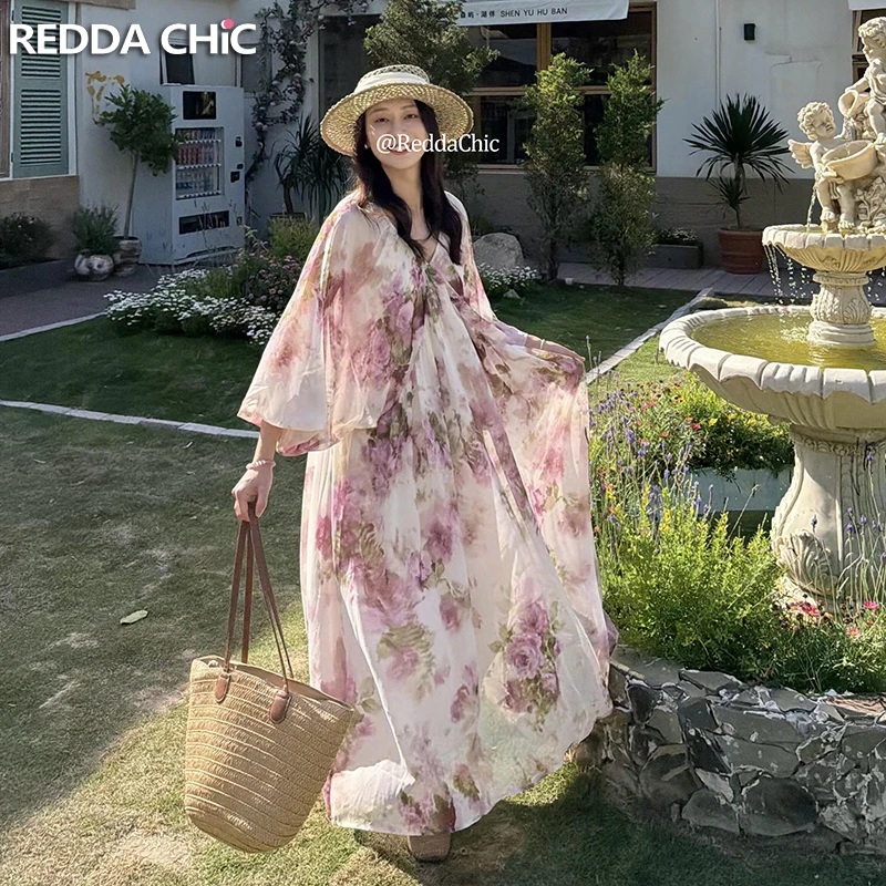 REDDACHiC Romantic Floral Long Dress Vacation Summer Chiffon Loose V-neck Lantern Sleeves Sundress Fairy Pretty Women Clothes