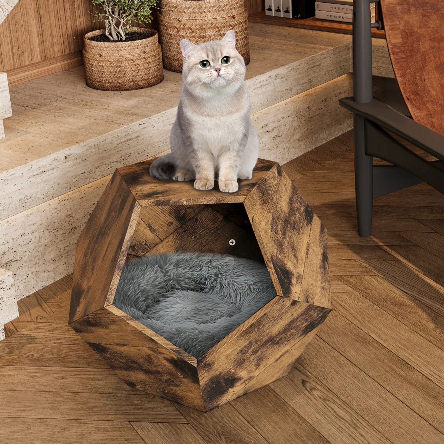 25.98'' Shaped Modern Pet Furniture Cat Carrier Side Table MDF Multi-Purpose Furniture Antique Wood Color