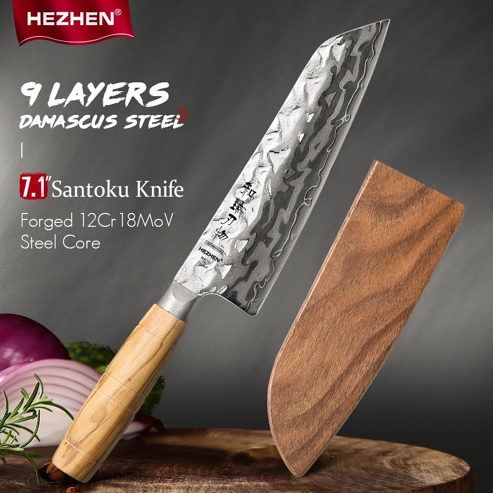 HEZHEN 7.1 Inch Santoku knife 9 Layer Damascus Steel High-end 12Cr18MoV Steel CoreKitchen Knife For Meat Vegetable Cook Knife