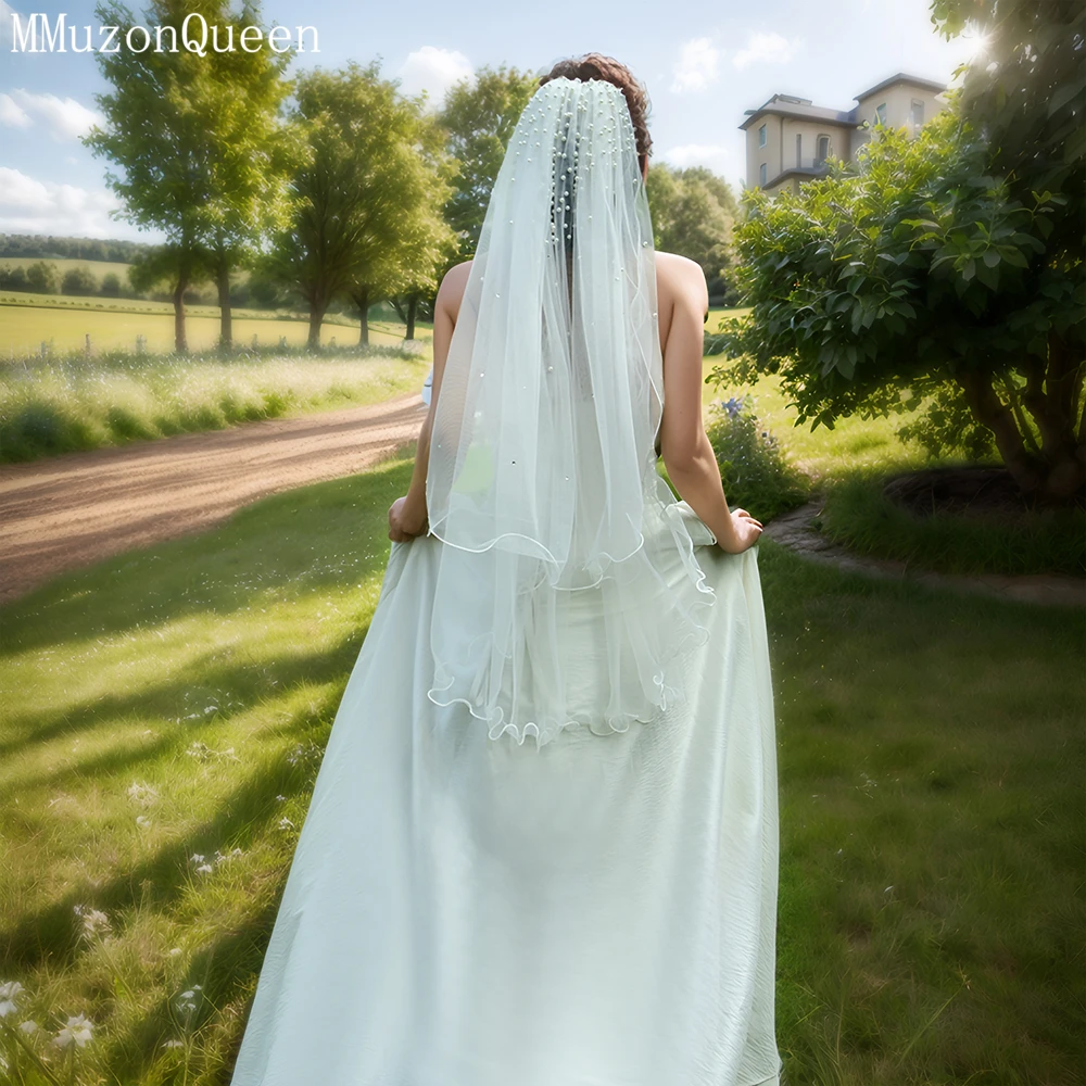 

Элегантная свадебная фата TOPQUEEN с жемчугом, мягкая двухслойная фата с бриллиантами, простая фата с гребнем, свадебные аксессуары, настраиваемая модель M32