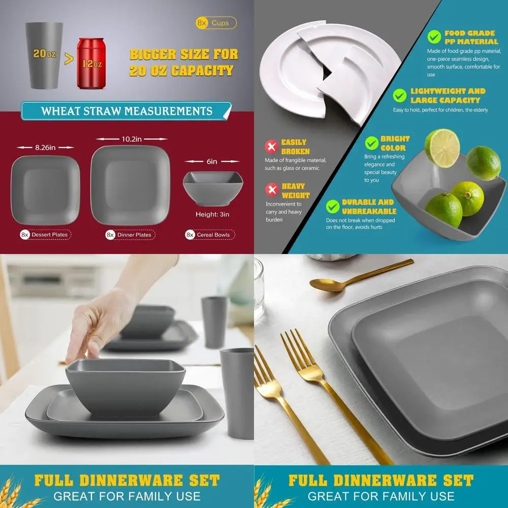

8-Person Plastic Square Dinnerware Set: 32 Pieces, Durable Plates, Salad Plates, Bowls, 20 oz Tumblers, Dishwasher Safe, Grey