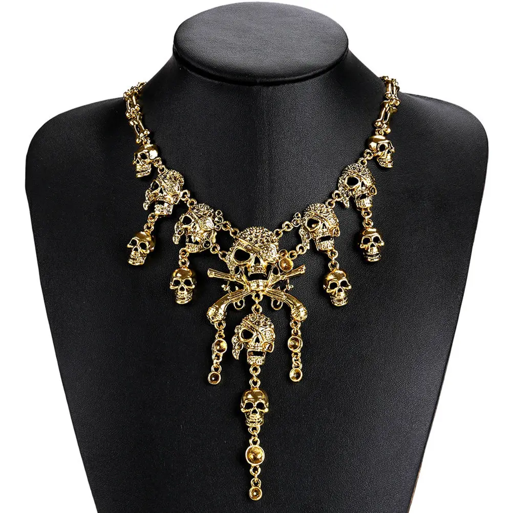 Golden Gothic Vintage Skull Necklace Statement Choker Collar Pendant Lightweight Rust Resistant Comfortable for Women Party
