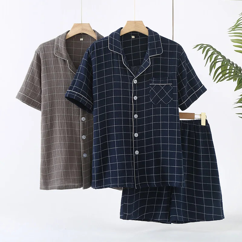 Men's Cotton Summer Newest Style Plaid Design Short Sleeved Shorts 2 Pcs Pajamas Set Loose Plus Size Home Wear Men Clothes