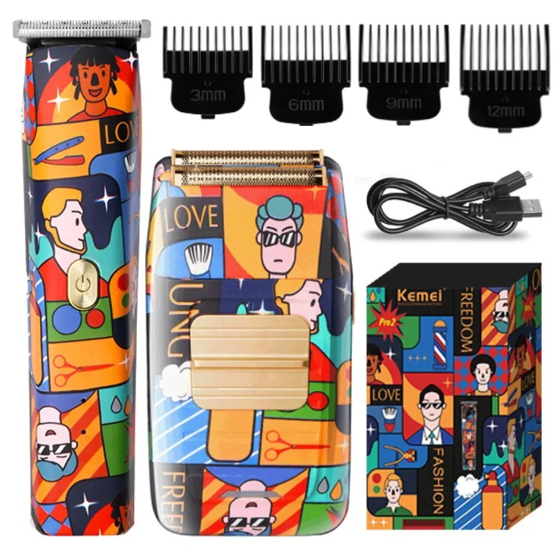 Fashion Graffiti Trimmer Men Zero Gapped Professional Hair Clipper Titanium Double Foil Shaver Random Graffiti Pattern Set