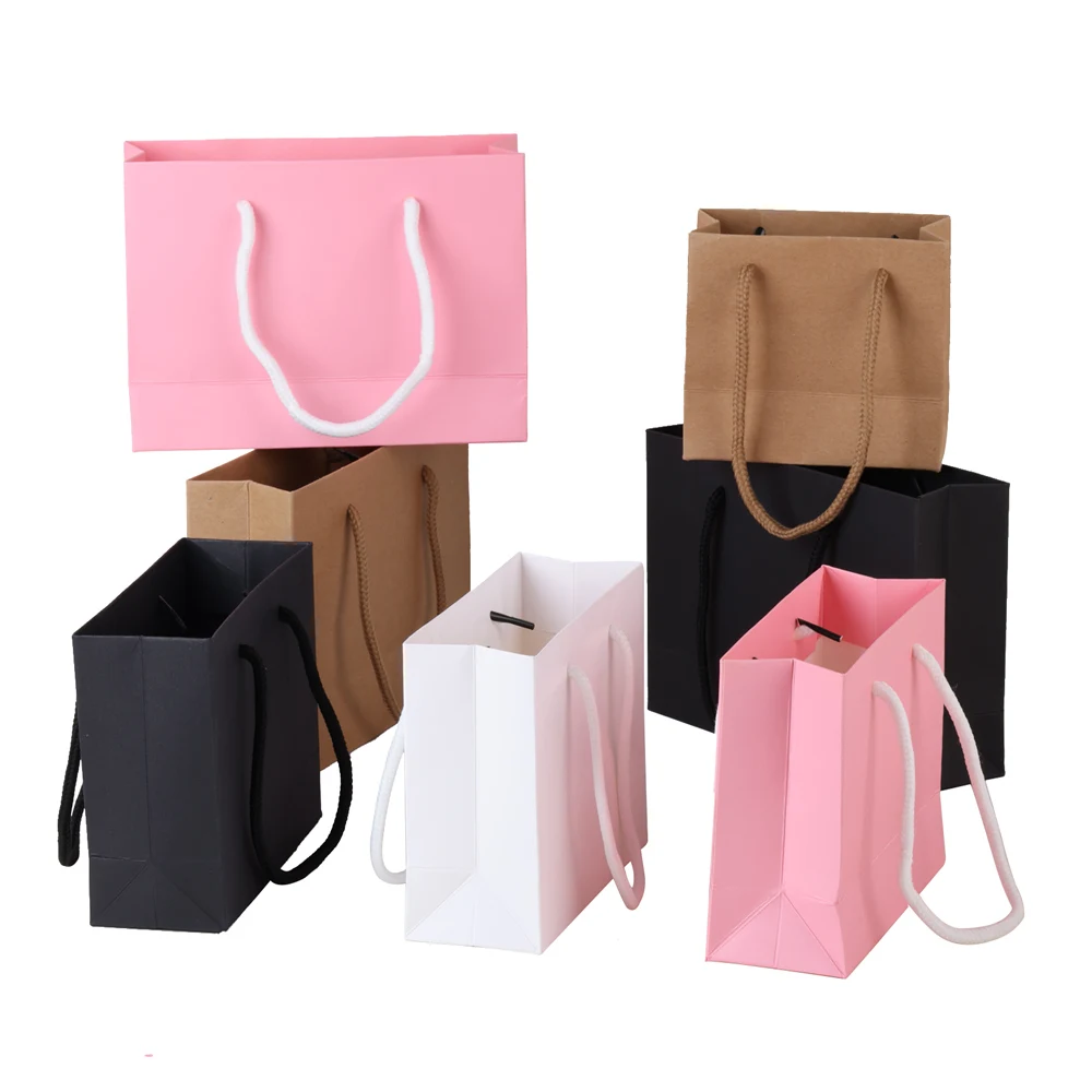 5pcs Small Paper Bags with Handle  Black White Pink Khaki Bags Wedding Birthday Party Candy Gift Packaging Bags Shopping Bags