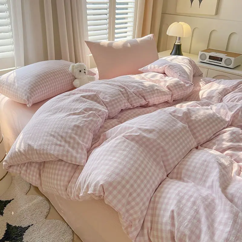 Nordic Pink Checkerboard Duvet Cover Sets With Pillowcases Flat Sheet Kids Girls Boys Full Queen Twin Size Kawaii Bedding Kit