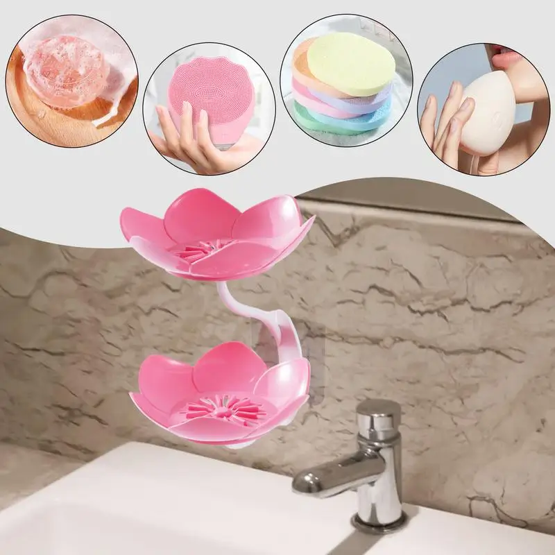 Double Soap Bar Holder No Punching Shower Soap Storage Holder Flowers Shape Wall Mounted Bathroom Soap Dishes For Shower Bath