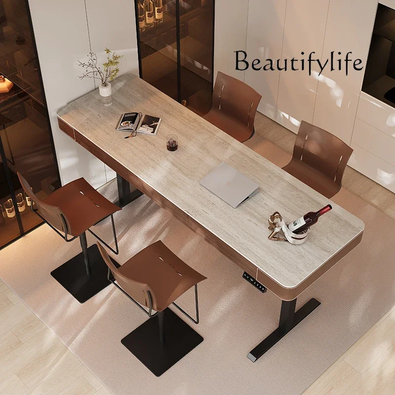 

J N49 Retro Travertine Rock Slab Electric Lifting Bar Table Household Computer Desk Office Dual Motor Lifting Table