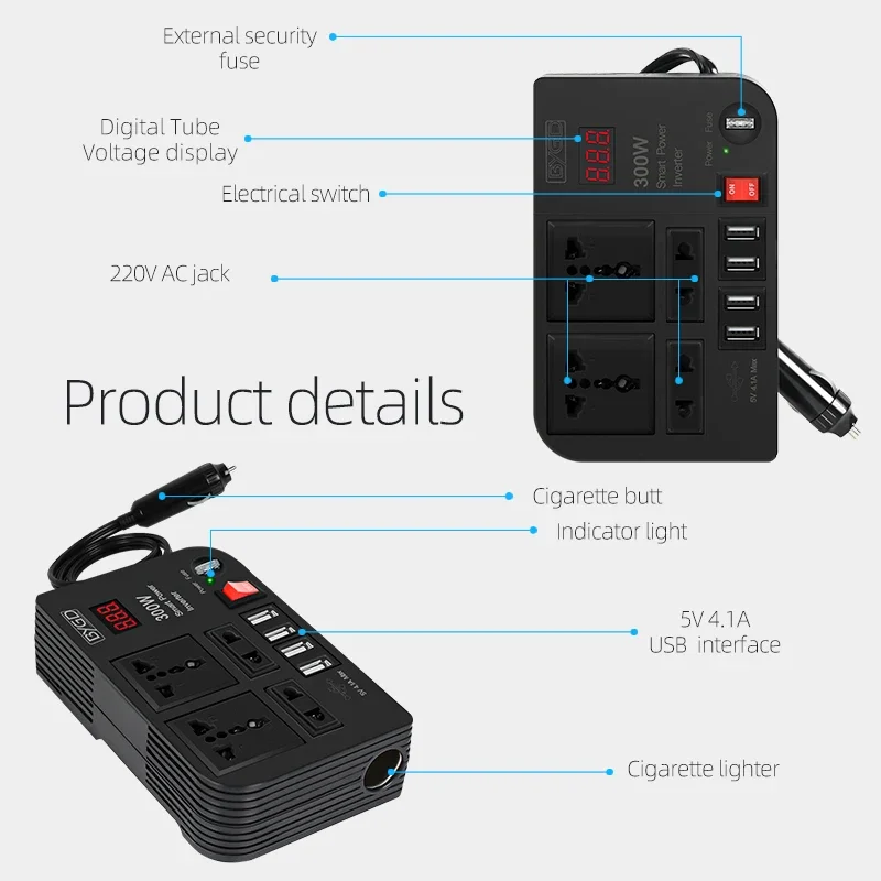 12V 300W Power Adapter On Board Inverter AC220V Converter for Car Appliance Transformer 4