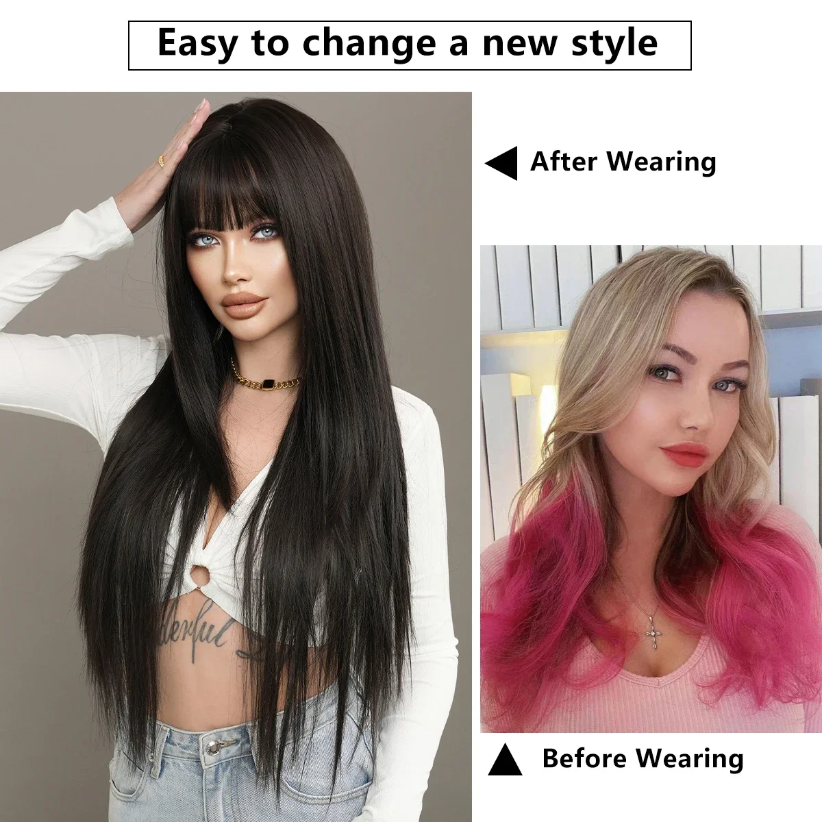NAMM Long Straight Black Wig for Women Daily Cosplay Natural Straight Hair Wig Synthetic Hair for Heat Resistant Wigs With Bangs