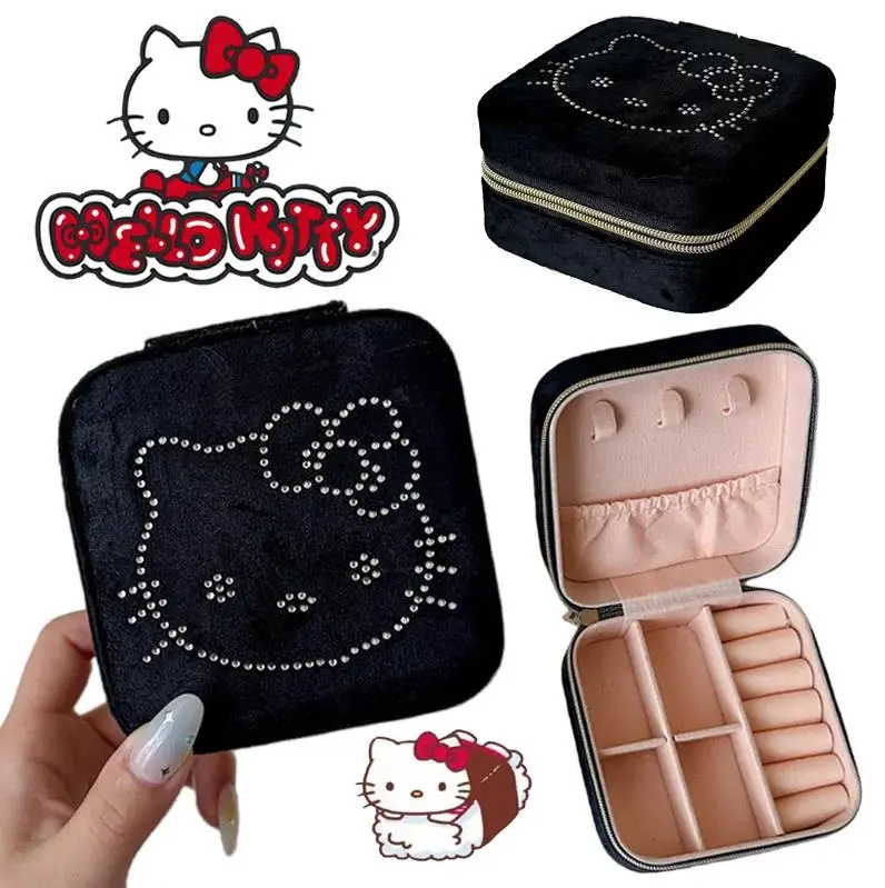 

Hello Kitty Jewelry Storage Box Sanrio Cartoon Kitty Pattern Multifunctional Necklace Ring Storage Box Zipper Velvet Organizer