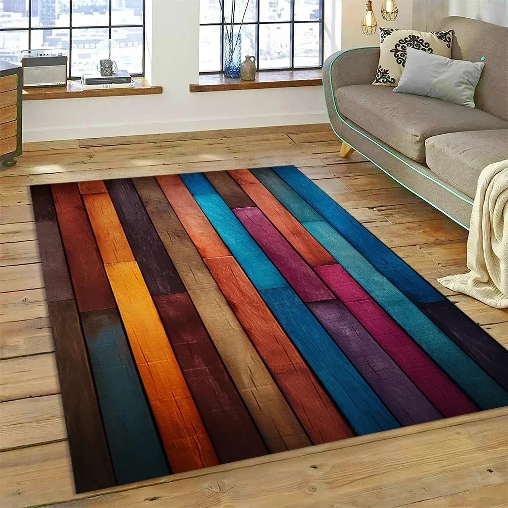 Rainbow Color Wood Plank Area Rug Vintage Colorful Wooden Board Rivet Print Non‑Slip Soft Living Room Bedroom Floor Carpet