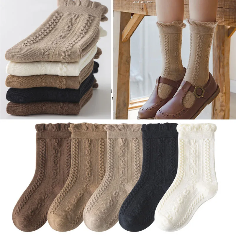 Children Socks Spring Autumn Cotton Socks 5 Pairs Girls Fancy Lace Solid Socks Kids