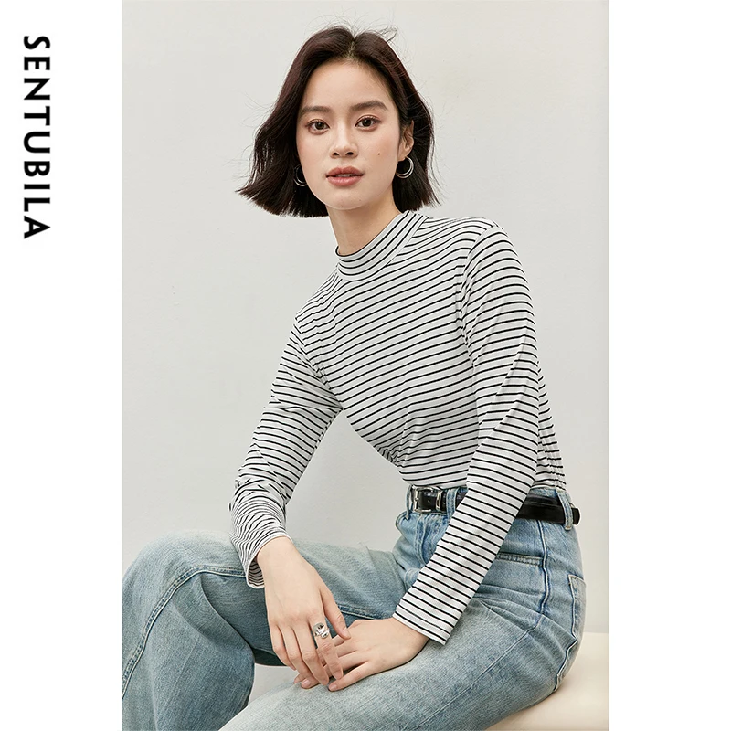 

SENTUBILA Women's Tee Shirt 2025 Autumn Striped Knitted T-shirts Commute Patchwork Half High Neck Slim Fits Tops Lady W44T57112