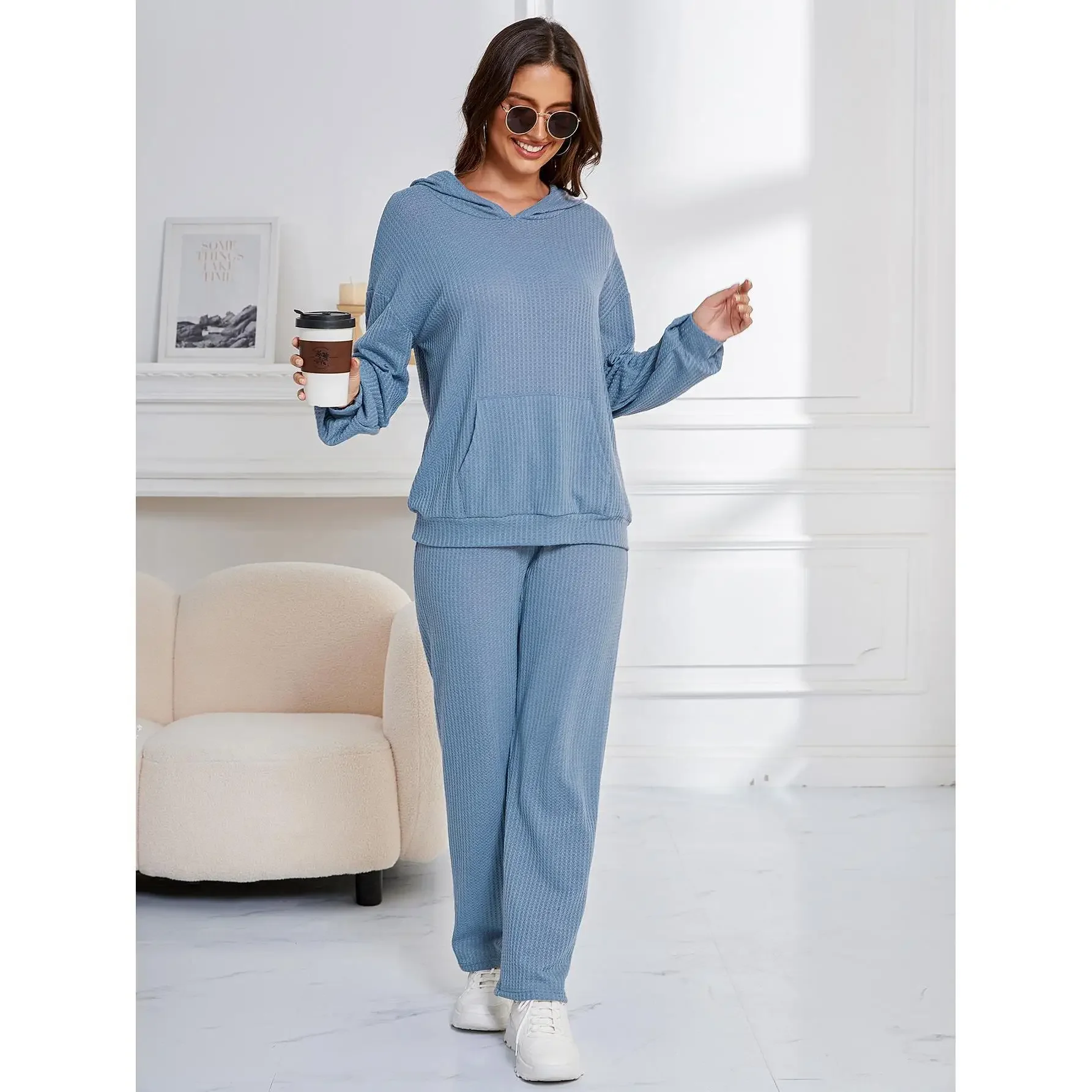 Freizeitanzug mit Kapuze, Damen-Pyjama, lockere Langarmhose mit Waffelmuster, zweiteiliges Set, Loungewear