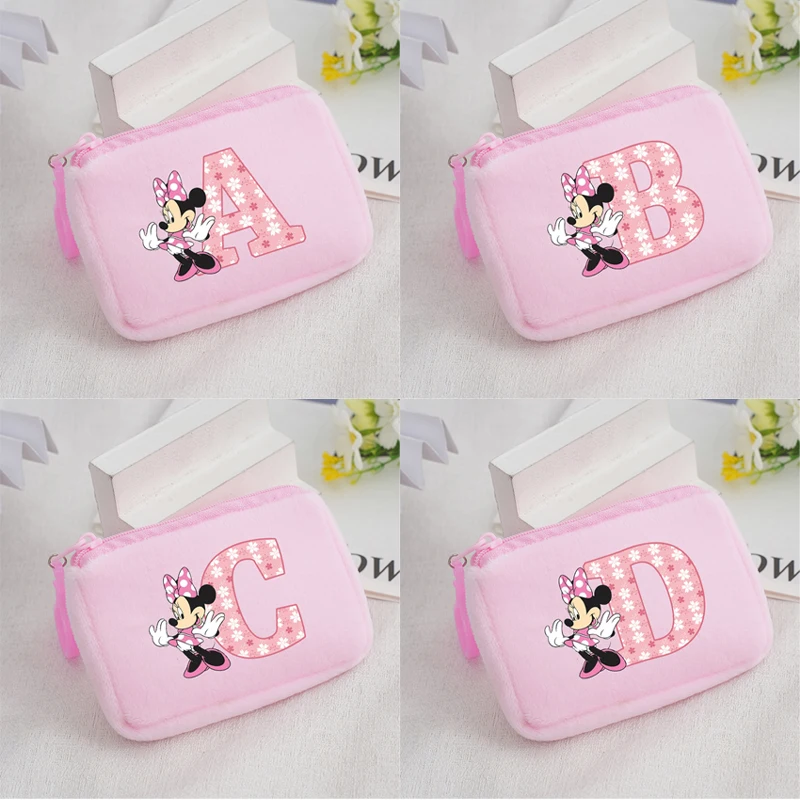 Disney Minnie Mouse Coin Purse Girls Cartoon Cute A-Z Printed Wallet Anime Kawaii Portable Mini Storage Bag Kids Birthday Gifts