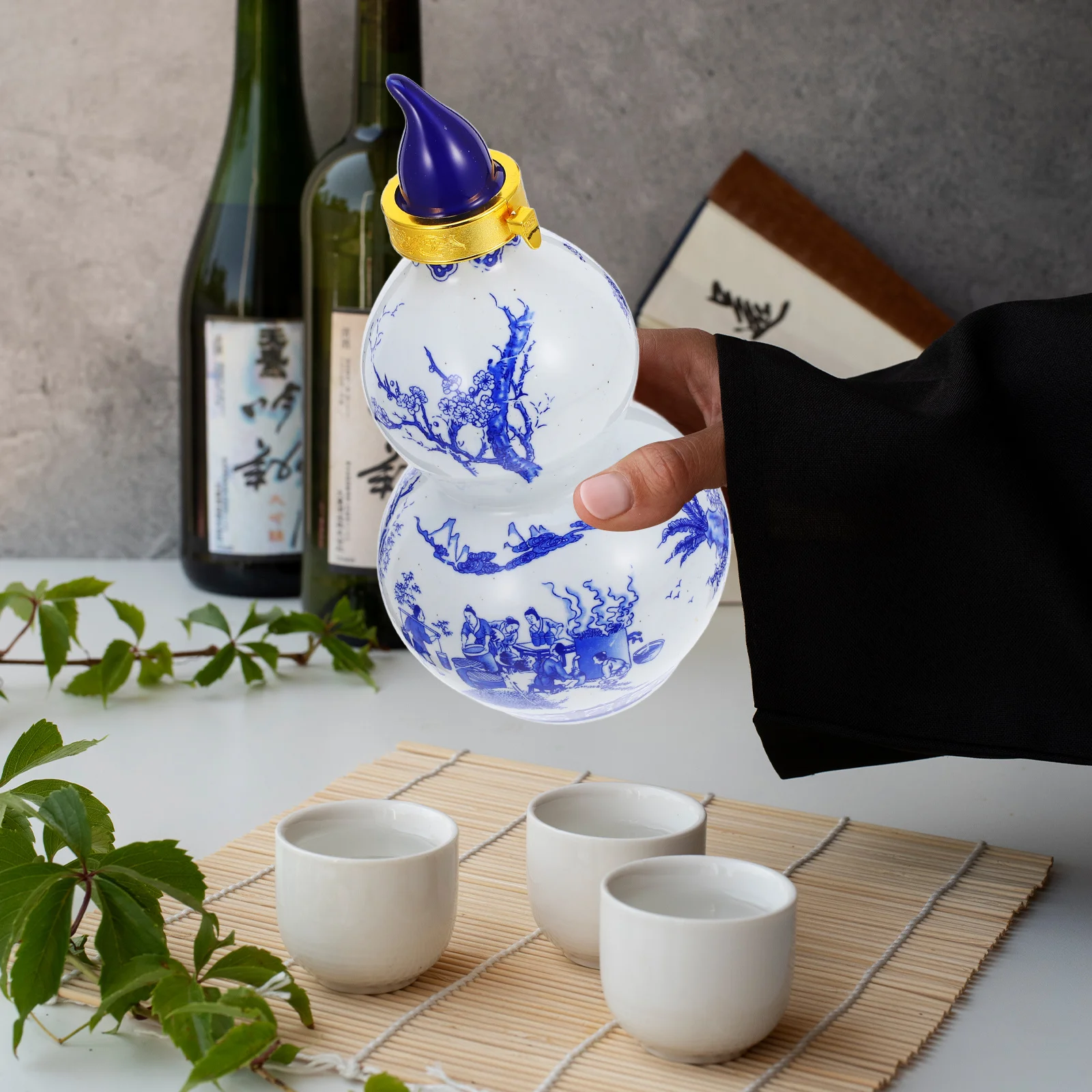 

Сине-белая фарфоровая бутылка для вина в форме тыквы, традиционное китайское ремесло, винтажный кувшин для рисового вина, портативная керамическая посуда для сервировки