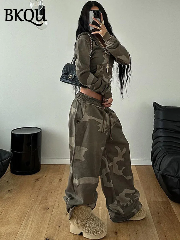 BKQU 2 Piece Set Women Camouflage Hoodie Tracksuit American Y2K Long Sleeve Zipper Sweatshirt Casual Joggers Pants Suits Hip Hop