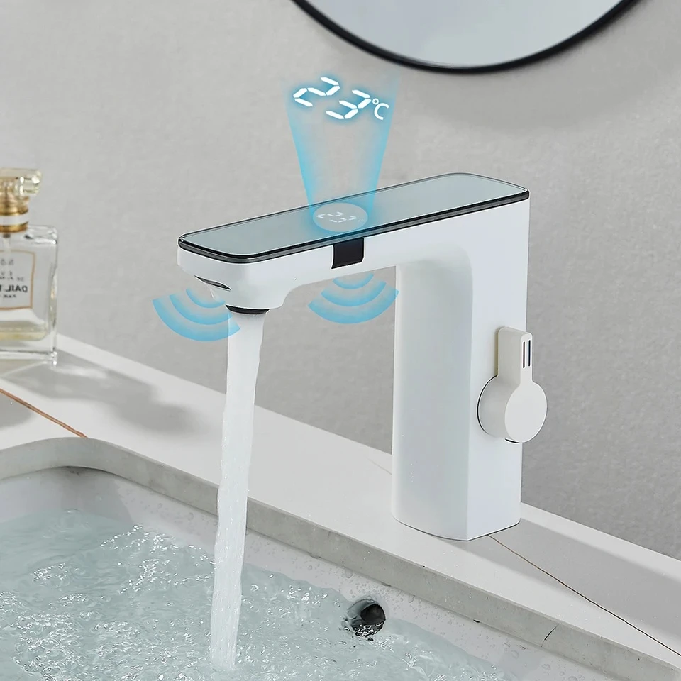 

White Smart Sensor Basin Screen Digital Display Hot Cold Water Mixer Tap Touchless Vanity Sink Faucet For Bathroom