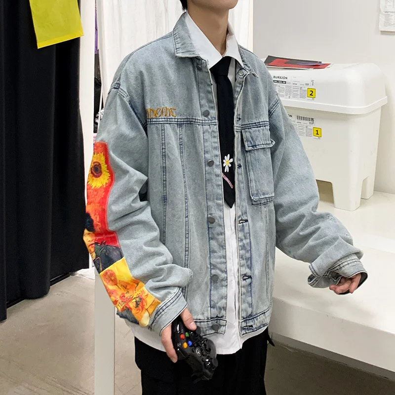 Van Gogh Denim Jacket Men's Patch Printed Harajuku embroidery Man Jacket Collar Single Breasted Causal Denim Jacket Men