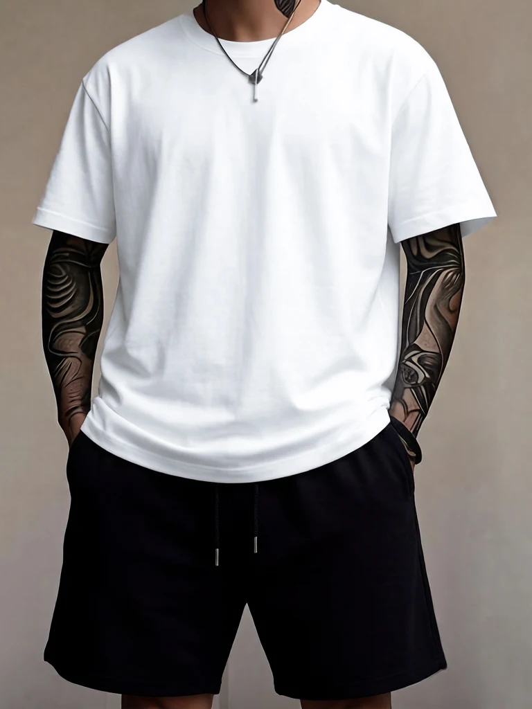 

Solid Summer Classic Short Sleeve 2 Piece Set Cotton Breathable Beach T Shirt Sport Pocket Loose Shorts Basic Running Clothes