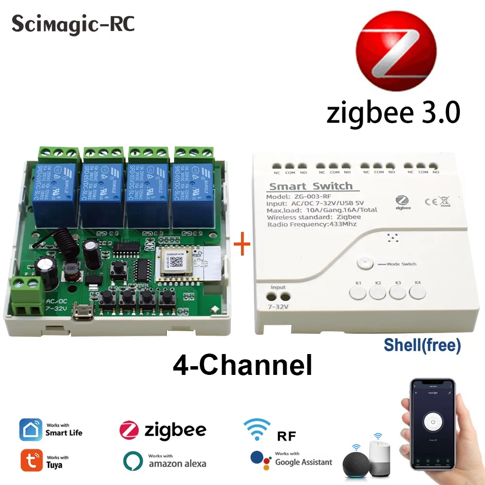 Tuya Smart Zigbee Switch 4 Channels Zigbee Din Rail Relay Board Module Four-channel RF 433 4CH Relay 12V 24V 230V Dry Contact